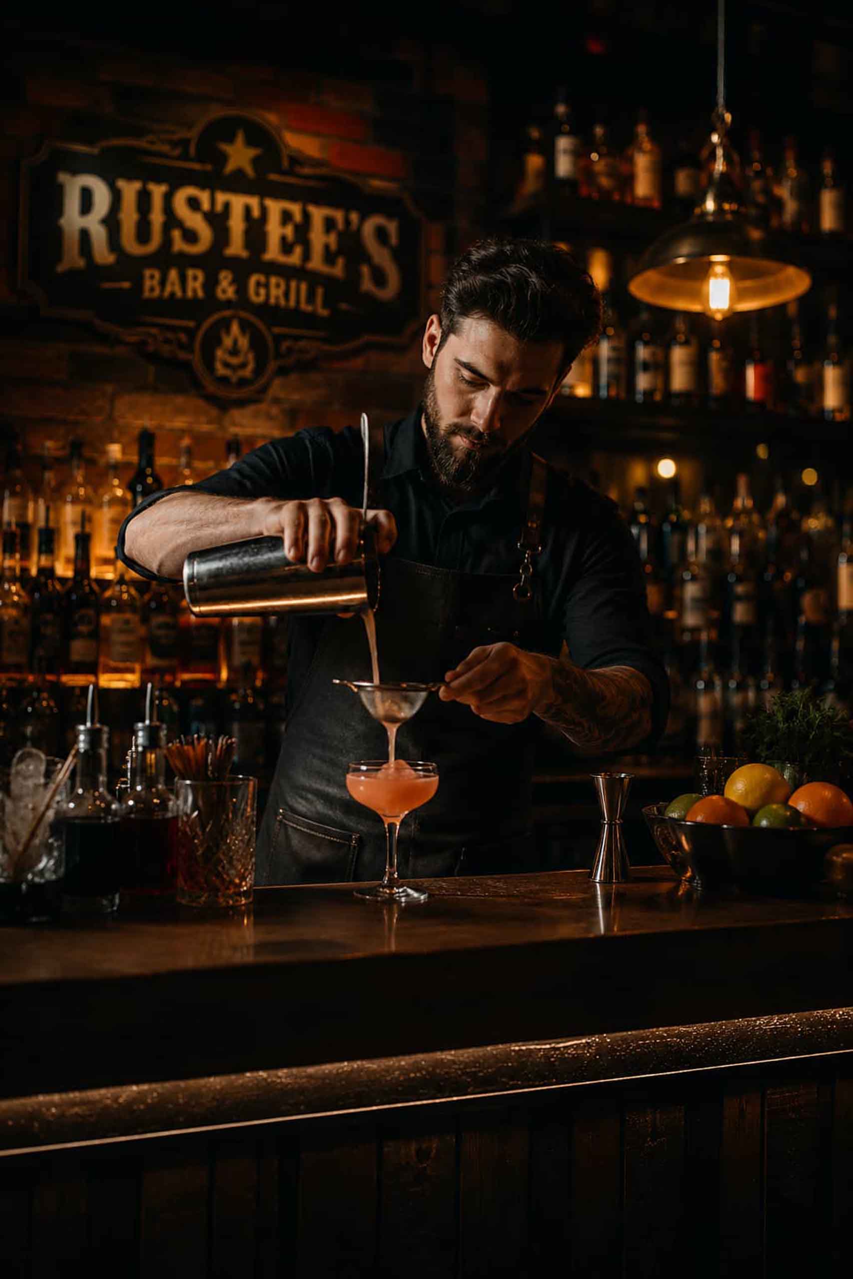 Bartender preparing cocktails inside Rustee's Bar & Grill in Orange Texas