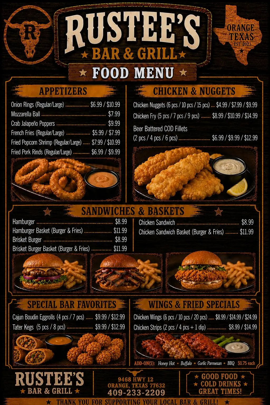 Rustee's Bar and Grill Food Menu - Orange Texas