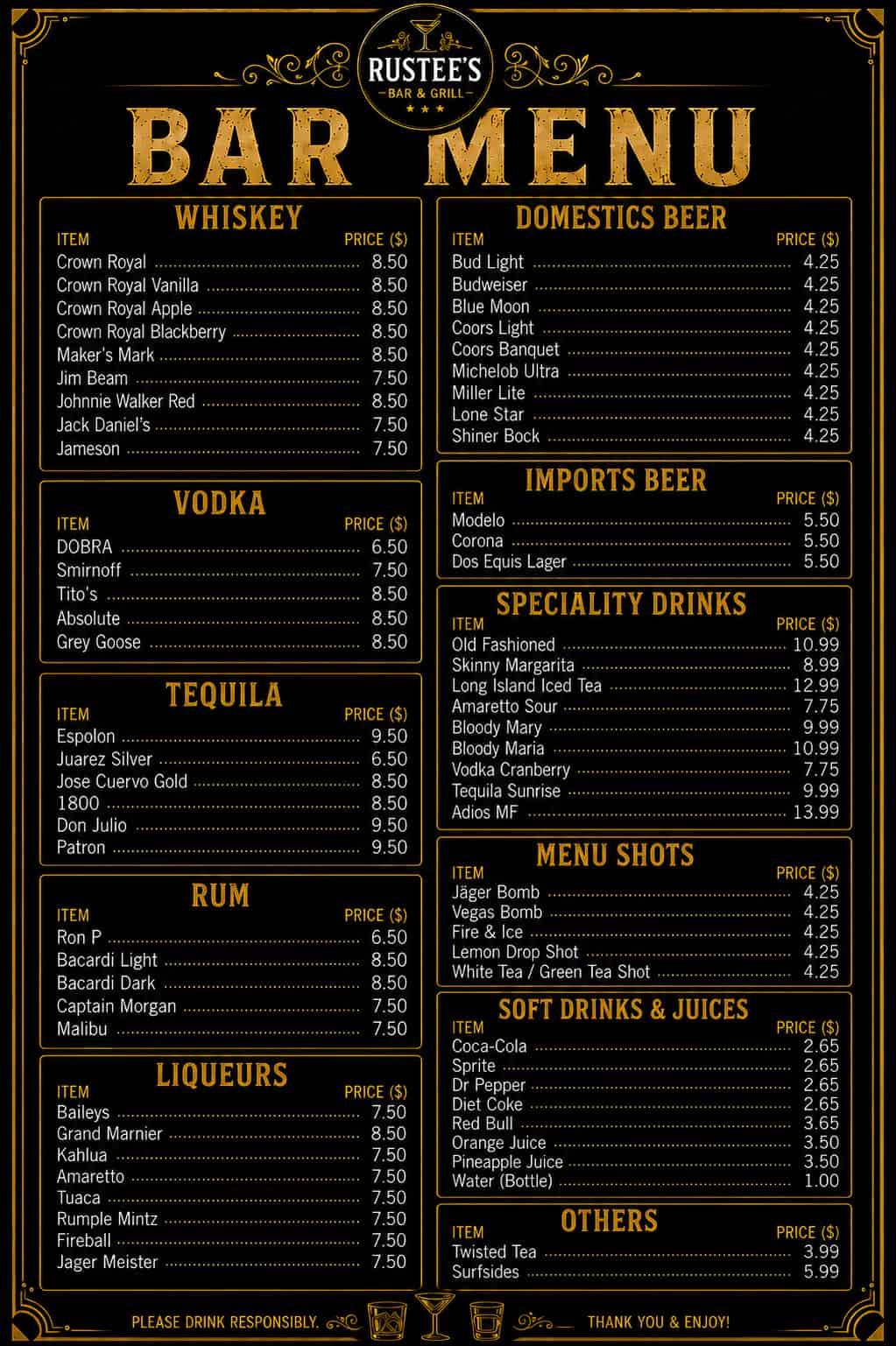Rustee's Bar and Grill Bar Menu - Orange Texas