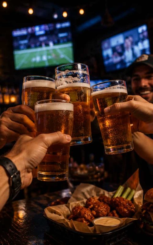 Friends cheering with beer glasses